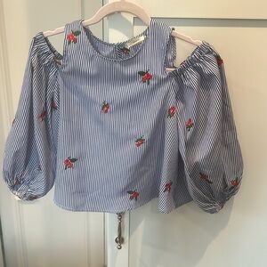 Girls Blue/white striped L/S top with flowers and shoulder cutouts
